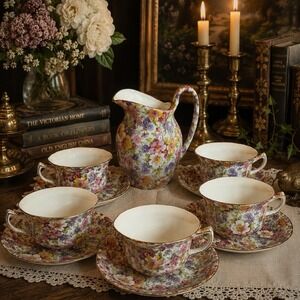 James Kent Dubarry Chintz Large Creamer 4 Cups & Saucers England 9 Pc